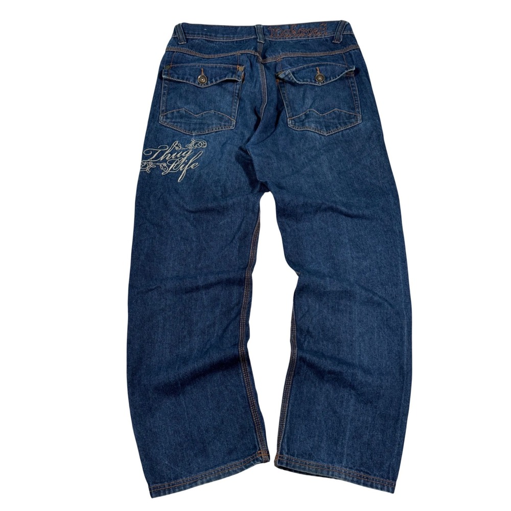 Makaveli Branded Jeans Mens 36 Blue Thug Life Embroidered 2Pac Streetwear Denim